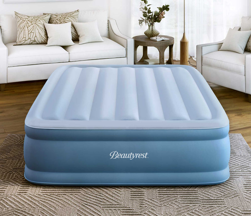 Queen Size Beautyrest Sensa-Rest air mattress head on angle in bright living room setting