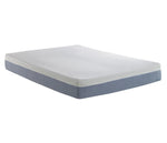 Angle view of blue and white closeout bed 