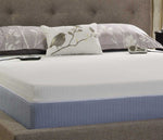 Closeup of blue and white closeout bed with wired hand controls in bedroom setting
